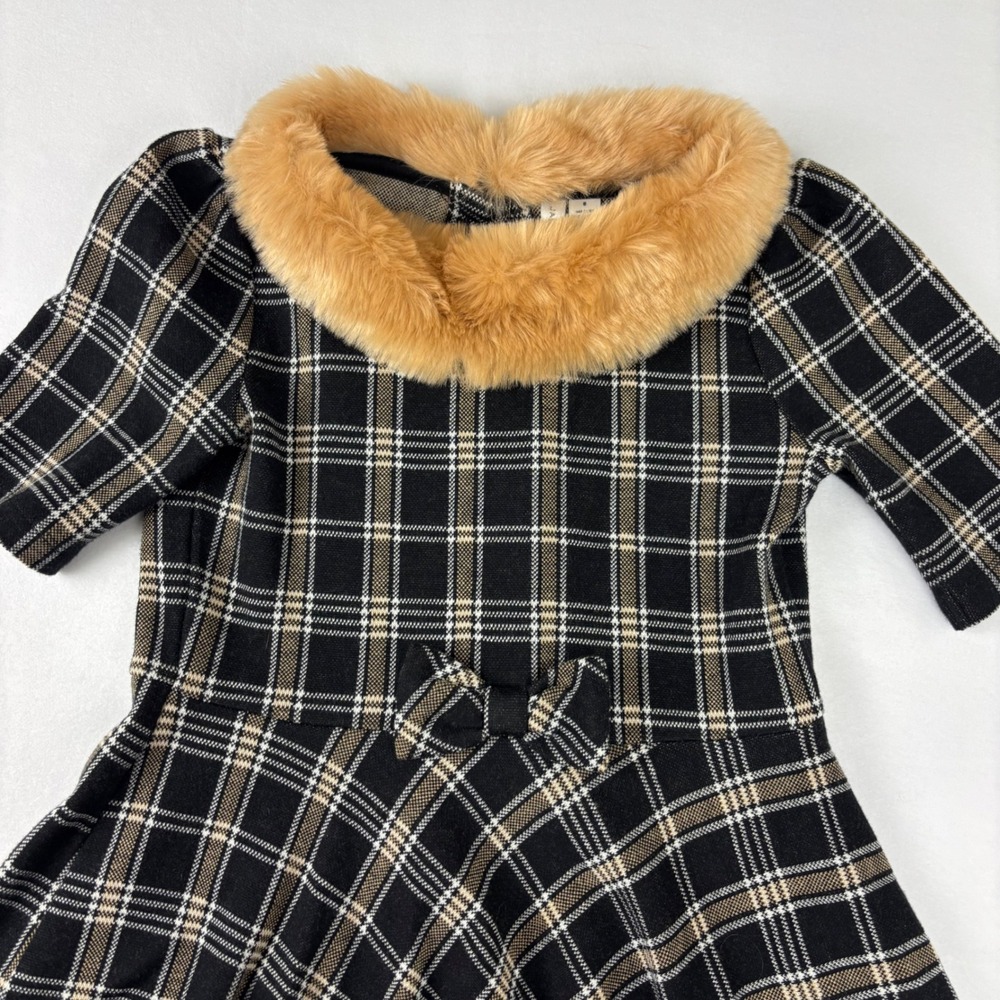 Janie and Jack Girls Plaid Knit Dress Faux Fur Collar Black Tan Size 8 - Picture 2 of 7